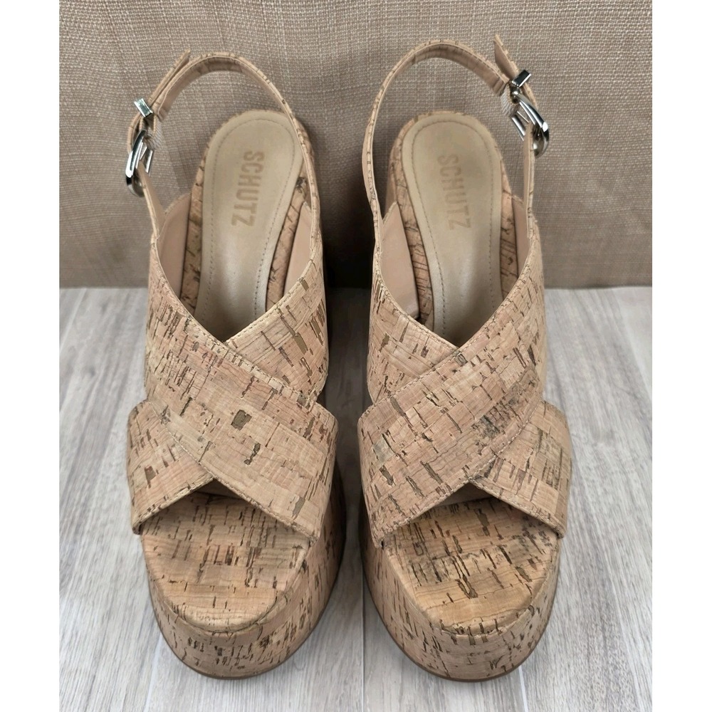 Anthropologie Schutz Jennifer Cork Platform‎ Wedge Sandals Caramel Tan Size 9B